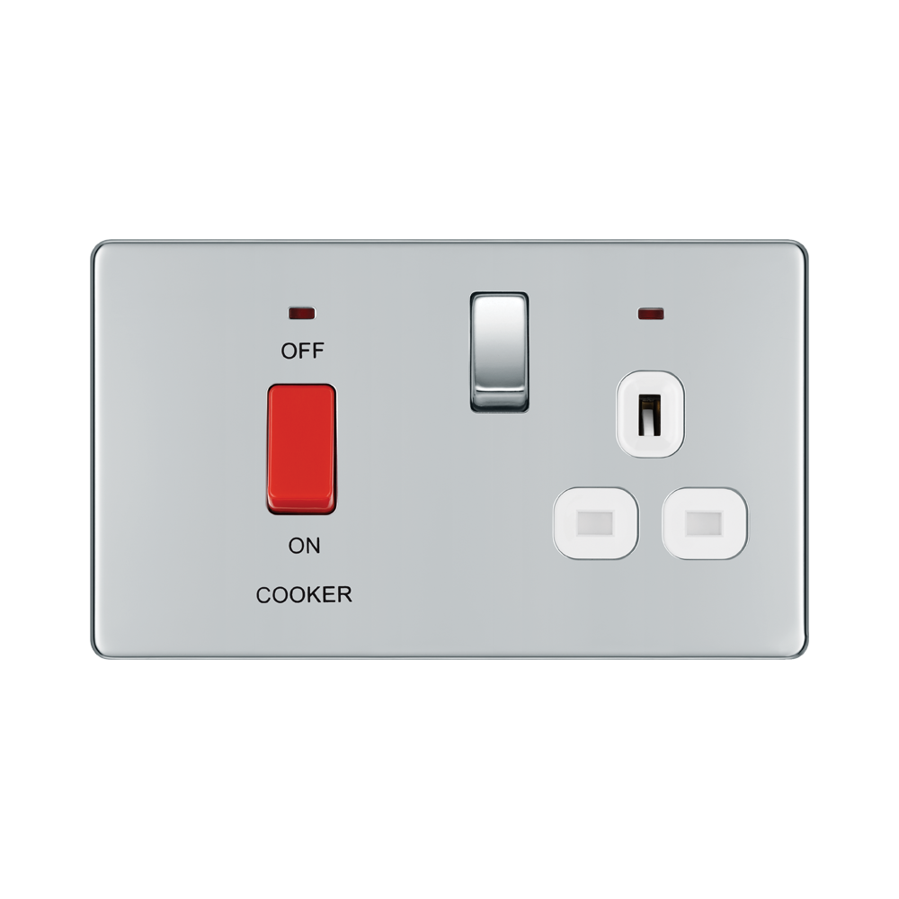 Front view of BG Nexus Screwless Polished Chrome Cooker Switch with 13A Socket