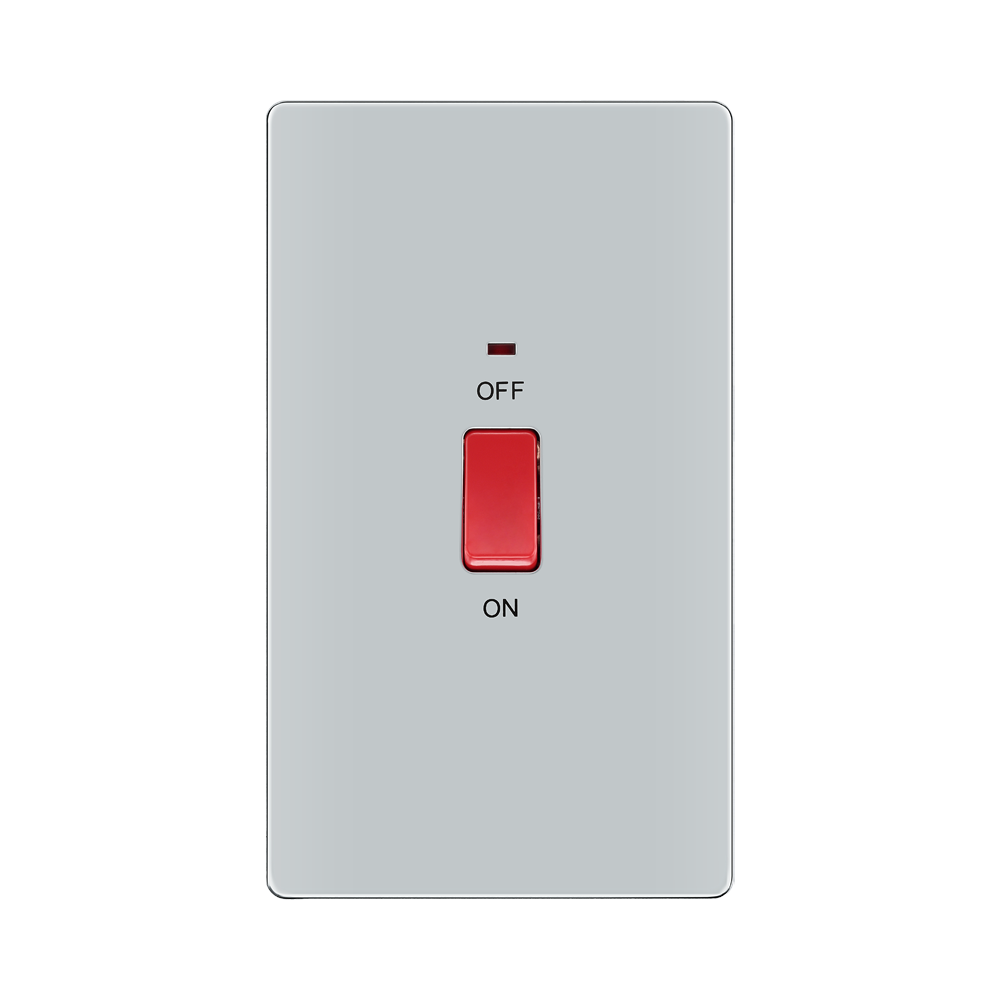 Front view of BG Nexus Screwless Polished Chrome 45A Cooker Switch