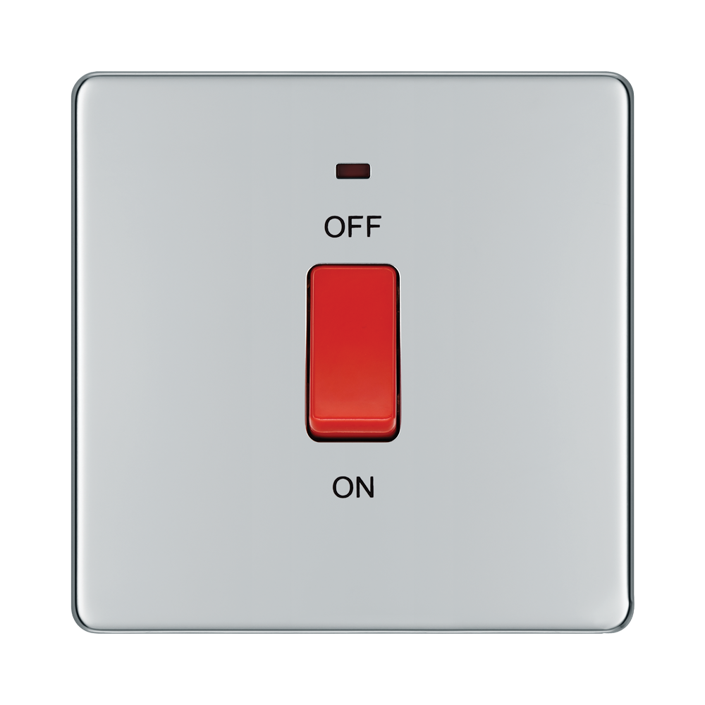Front view of BG Nexus Screwless Polished Chrome 45A Cooker Switch