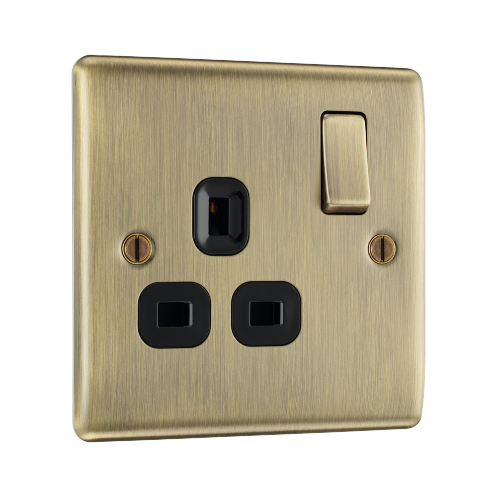 BG Nexus Metal Antique Brass 13A Single Socket NAB21B – angled front view