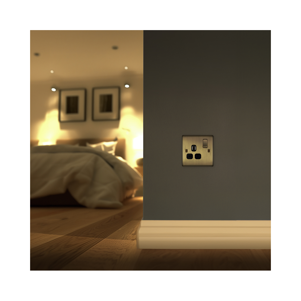 Decorative wall switch on a wall in a bedroom setting