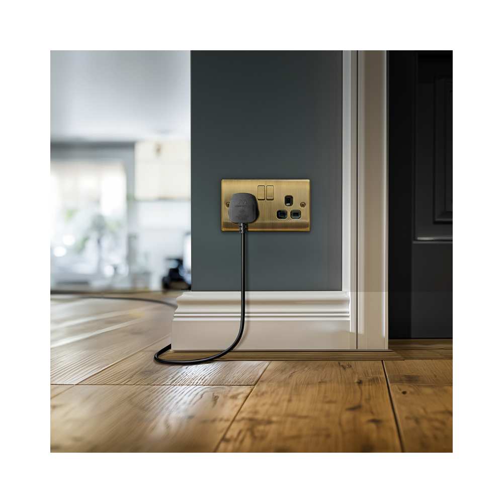 Lifestyle photo with wooden floor and double socket fitted in a grey wall