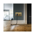 Lifestyle photo with wooden floor and double socket fitted in a grey wall