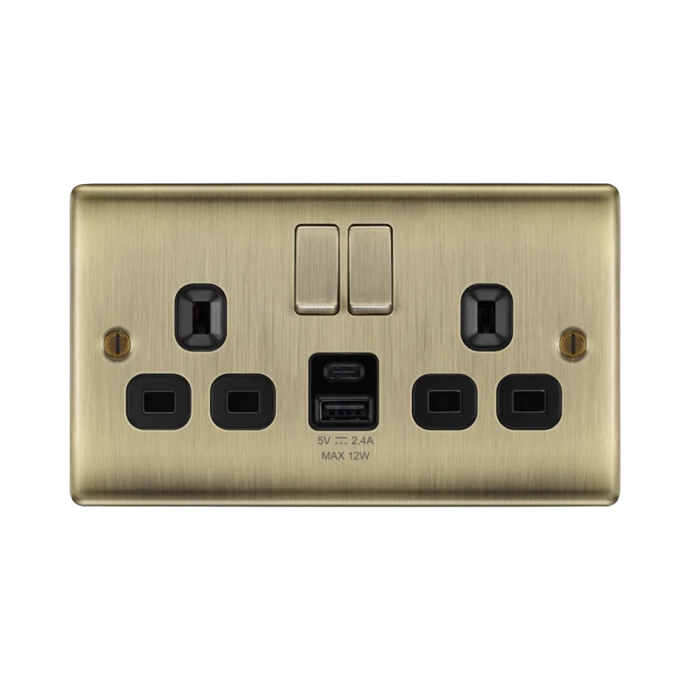 BG Nexus Metal Antique Brass 13A Double USB Socket with 12W A+C NAB22UAC12B