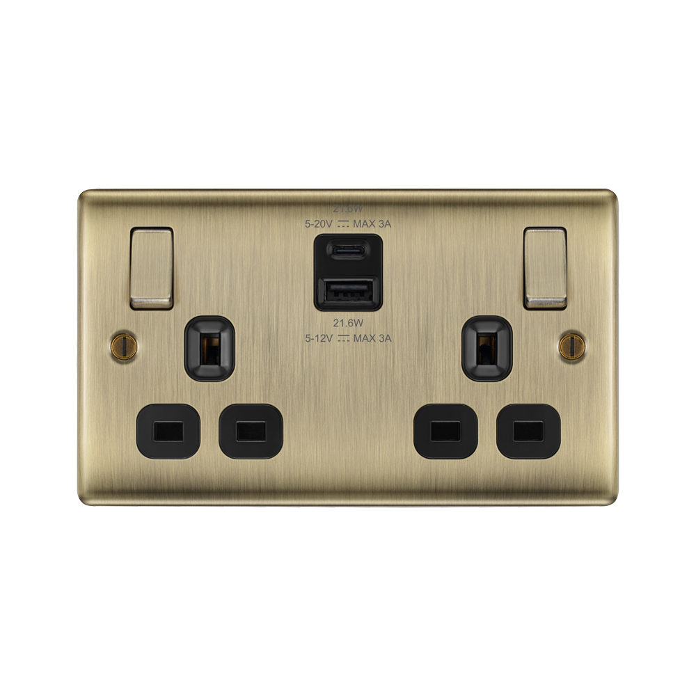 Brass electrical USB socket with multiple outlets on a white background