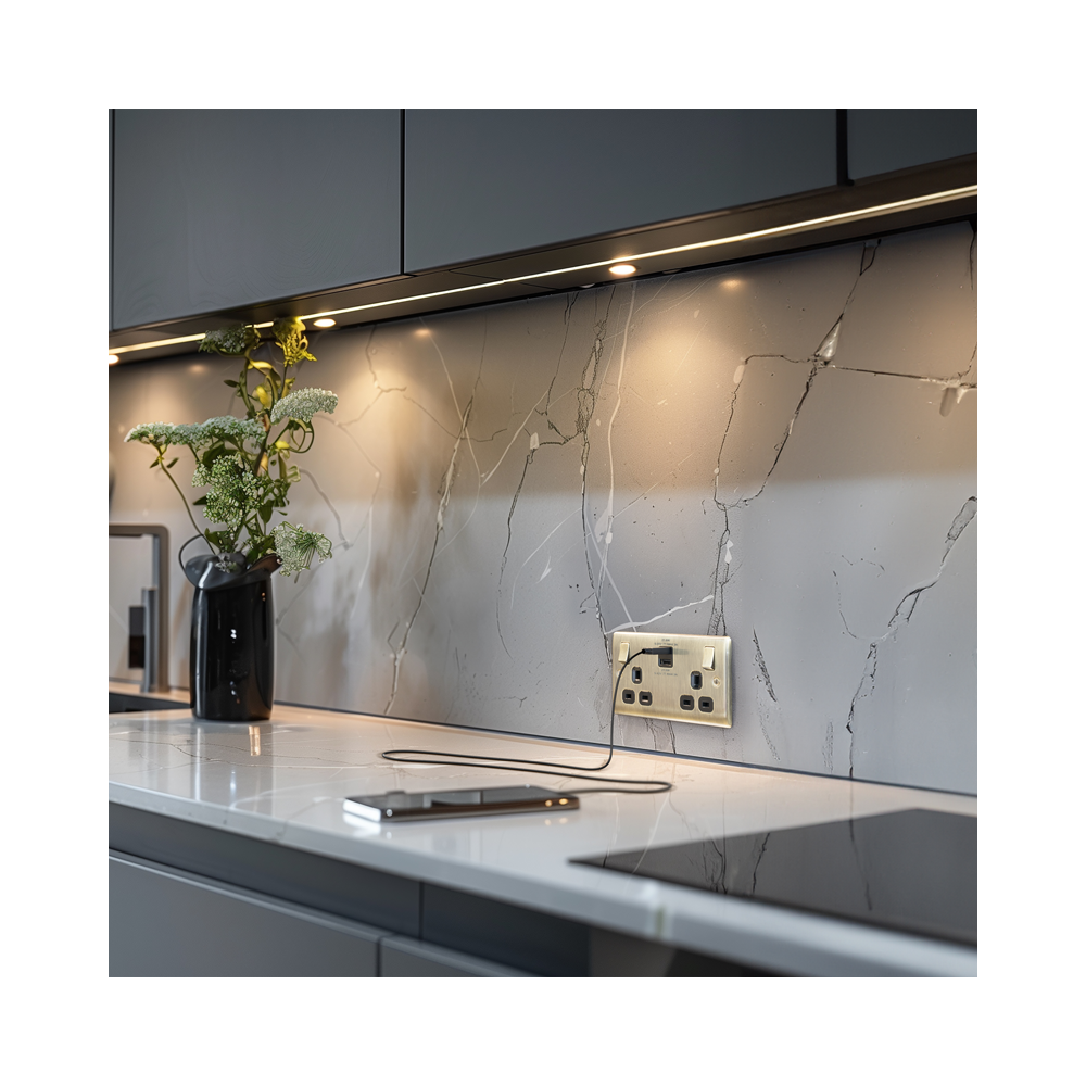 Modern kitchen with marble-patterned backsplash, countertop, and sink. With a brass Double USB Socket.