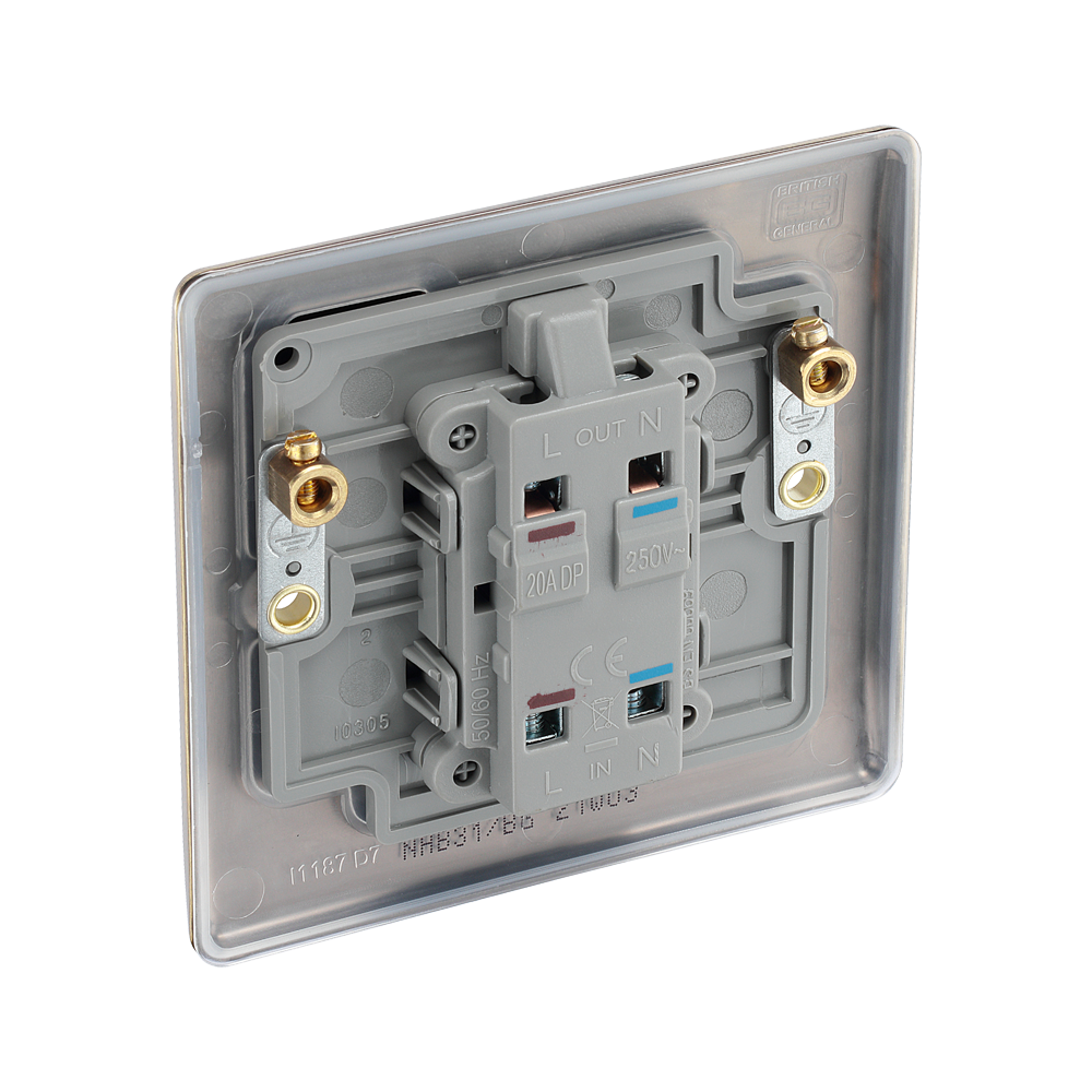 The back of an electrical switch on a white background