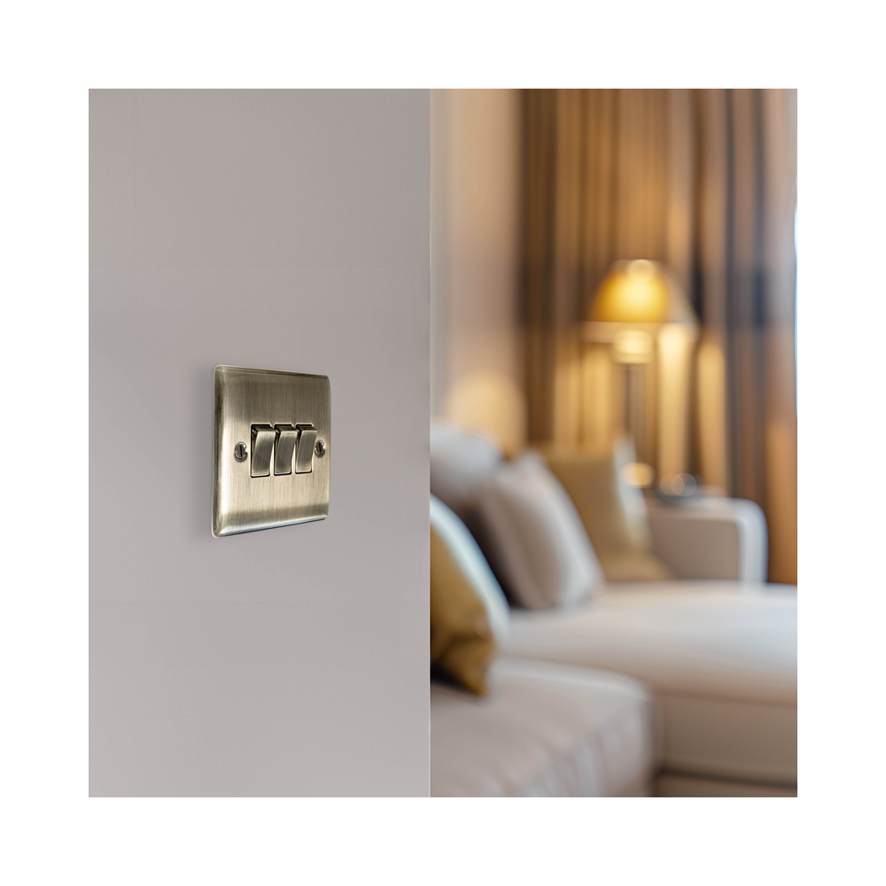 Metallic light switch on a wall with a blurred living room background