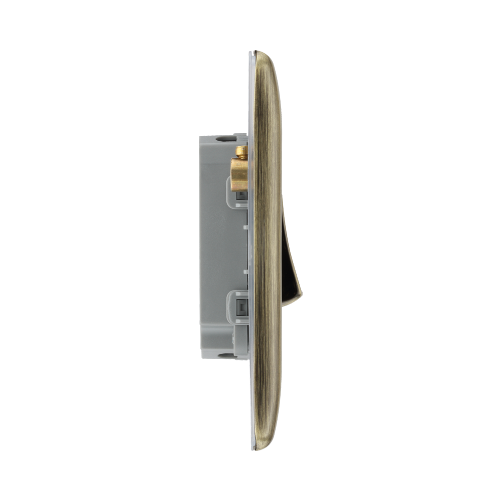 Light switch profile with brass front plate on a white background