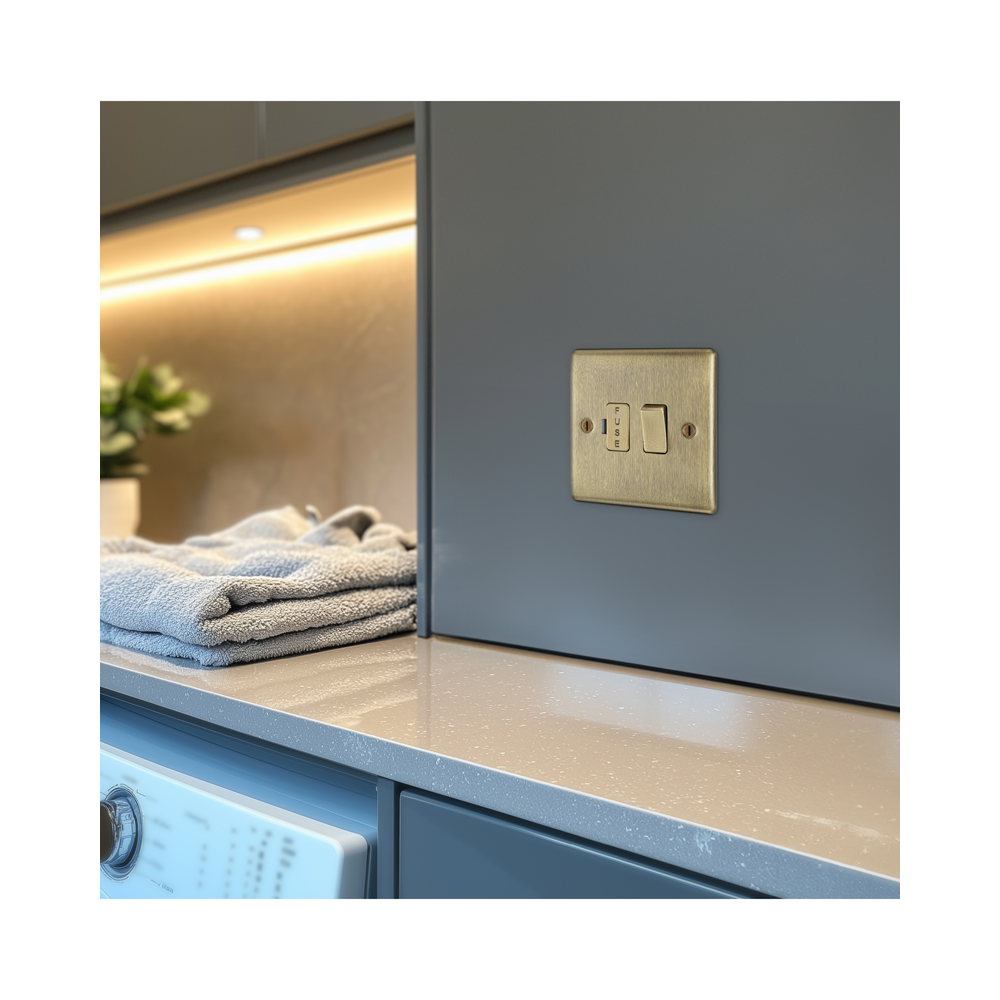 Brass light switch and fuse on a grey wall with towels and a plant in the background