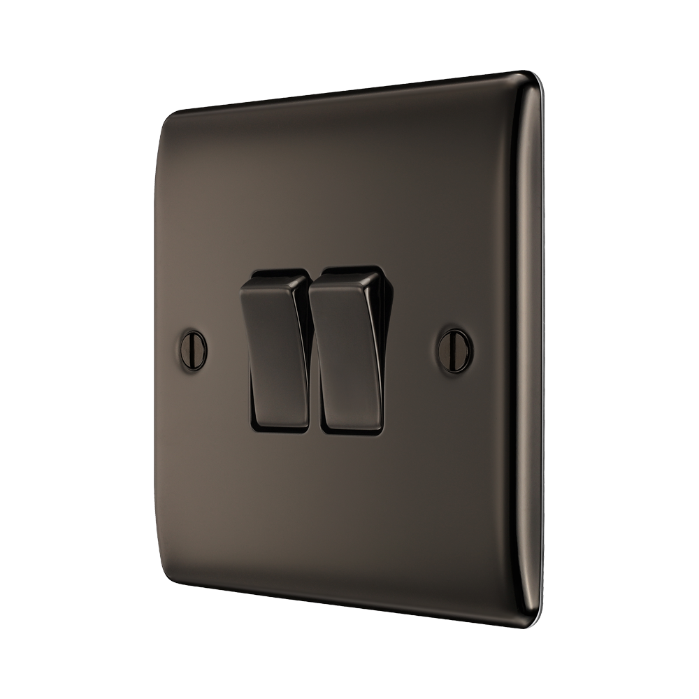 BG Nexus Metal Black Nickel 2W & Intermediate Light Switch NBN2WINT – angled front view