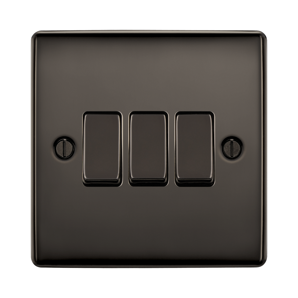 Black three-gang switch on a white background