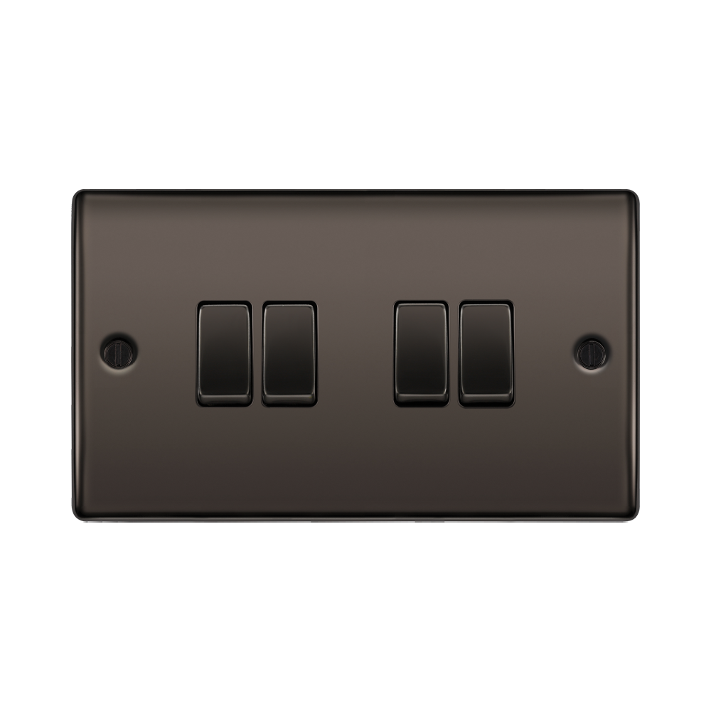 Black rectangular switch plate with four black switches on a white background