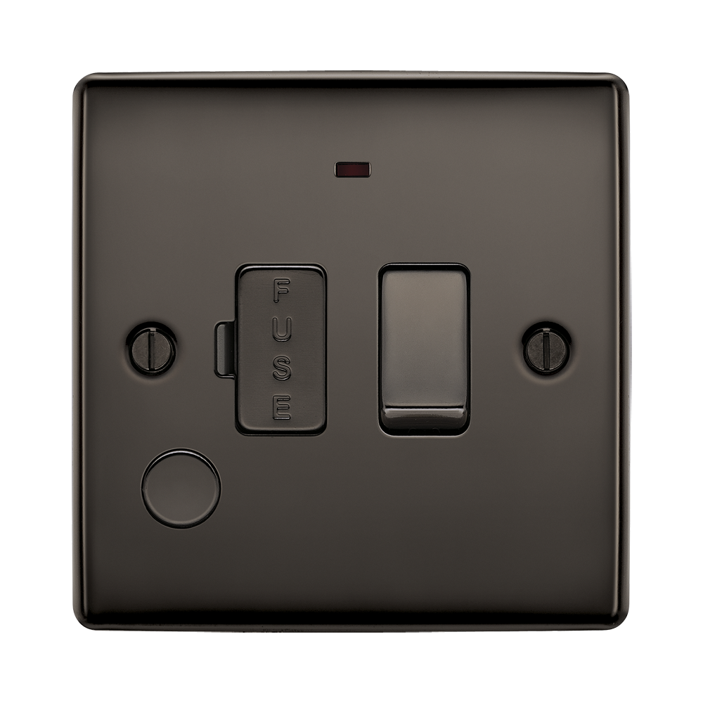 Black electrical switch with fuse indicator on a white background