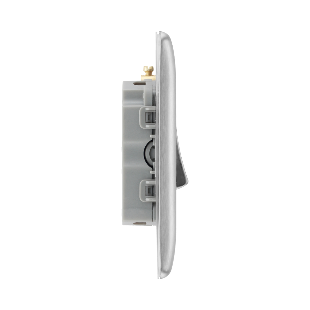 Metallic light switch panel with three toggle switches on a white background profile