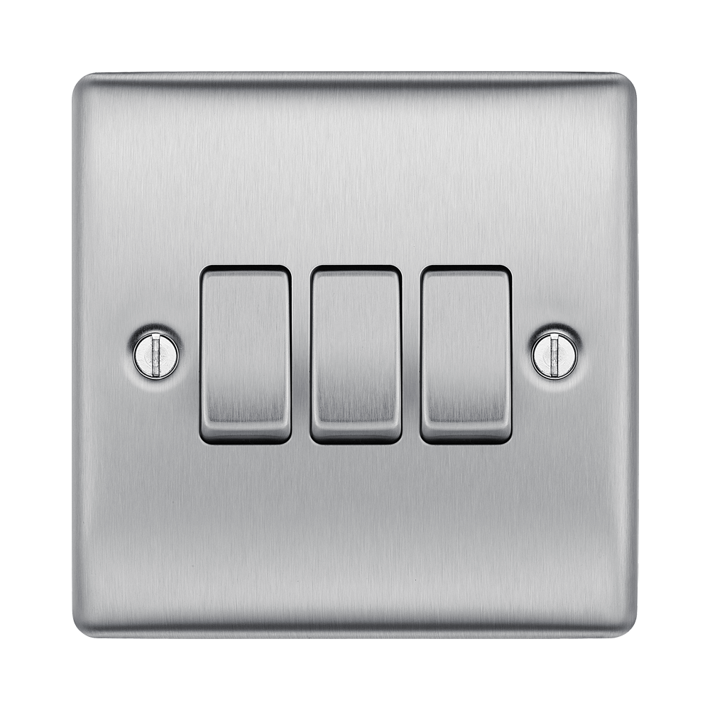 Metallic light switch panel with three toggle switches on a white background