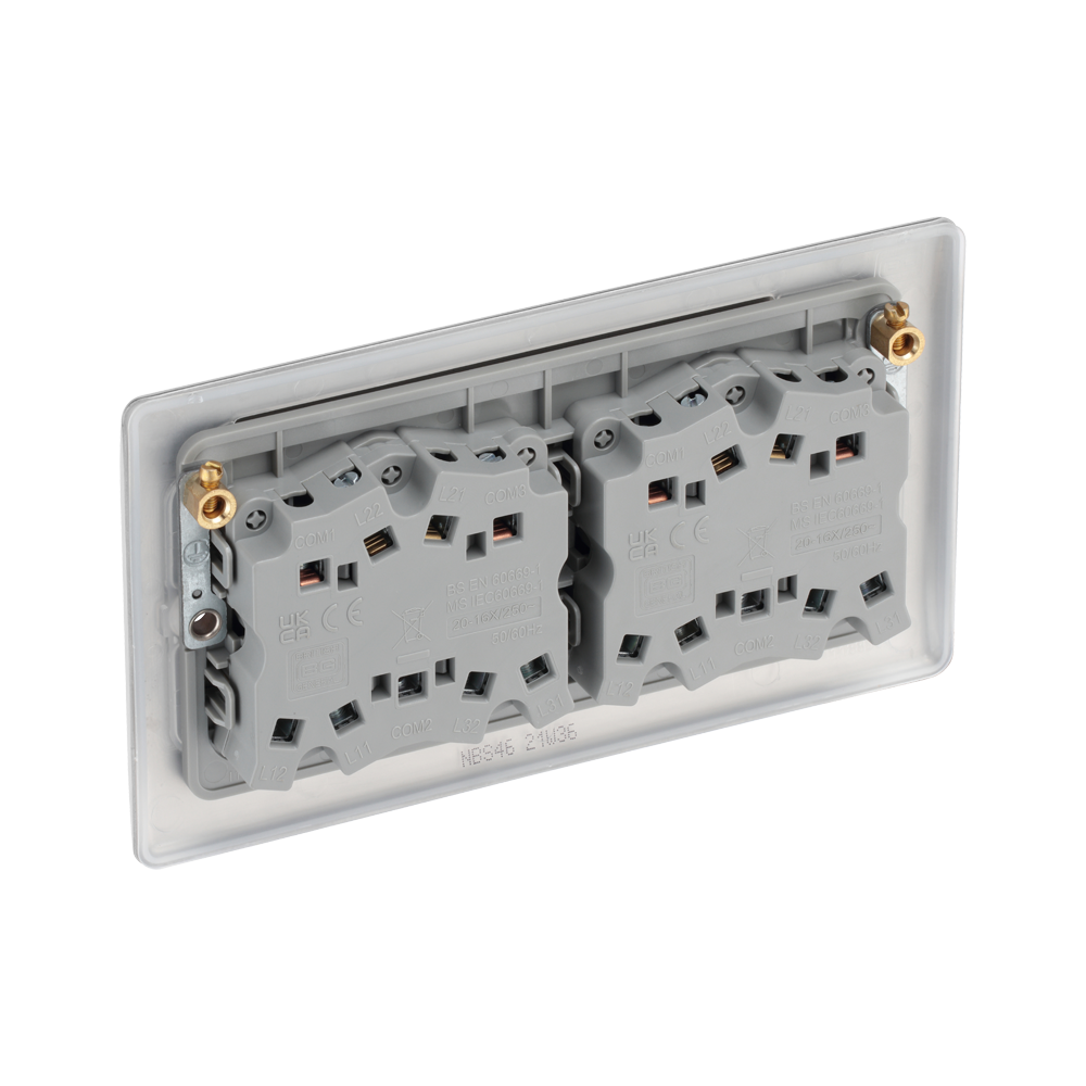Metallic light switch panel with five rectangular buttons on a white background back