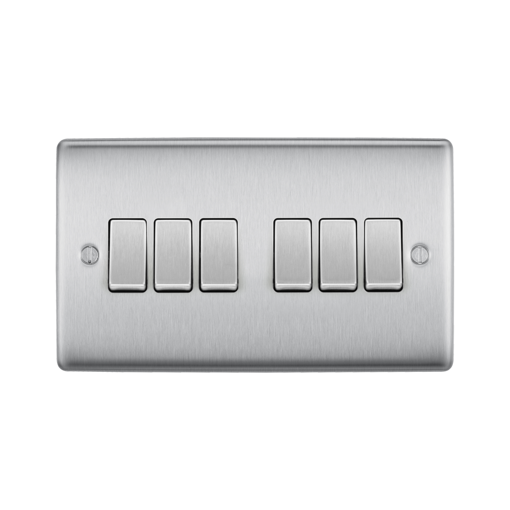 Metallic light switch panel with five rectangular buttons on a white background