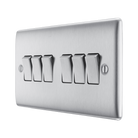 Metallic light switch panel with five rectangular buttons on a white background side
