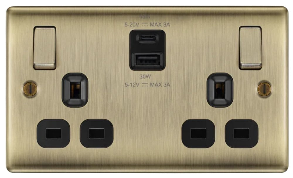 Nexus Metal Antique Brass 13A Double USB Socket with 45W A & C Ports NAB22UAC45B-The Switch Depot