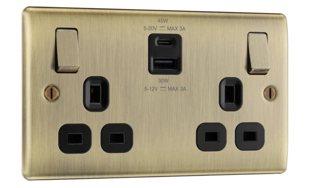 Nexus Metal Antique Brass 13A Double USB Socket with 45W A & C Ports NAB22UAC45B-The Switch Depot