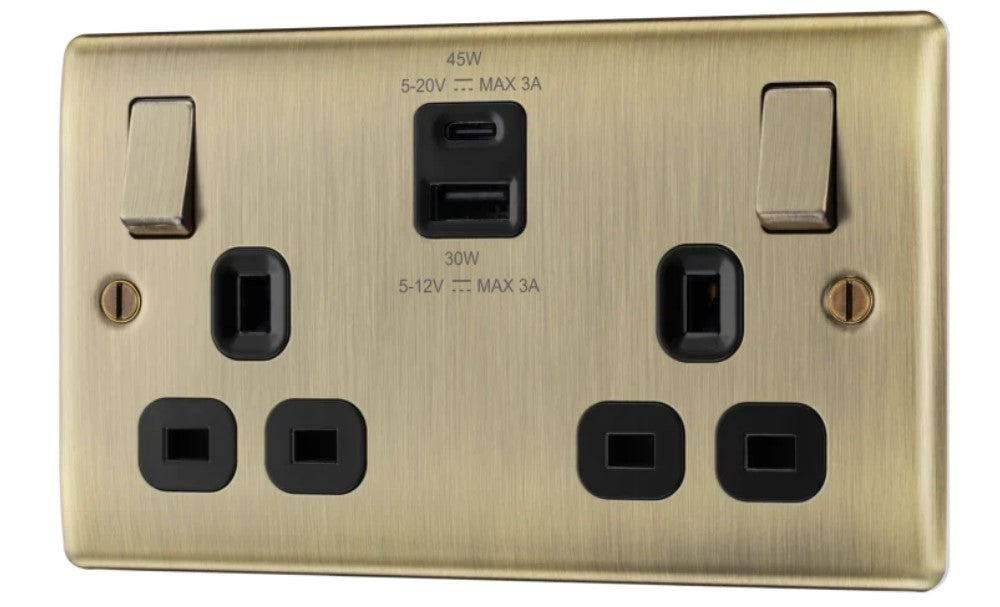 Nexus Metal Antique Brass 13A Double USB Socket with 45W A & C Ports NAB22UAC45B-The Switch Depot