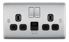 A silver double USB socket with brushed steel finish and black inserts for the ports.