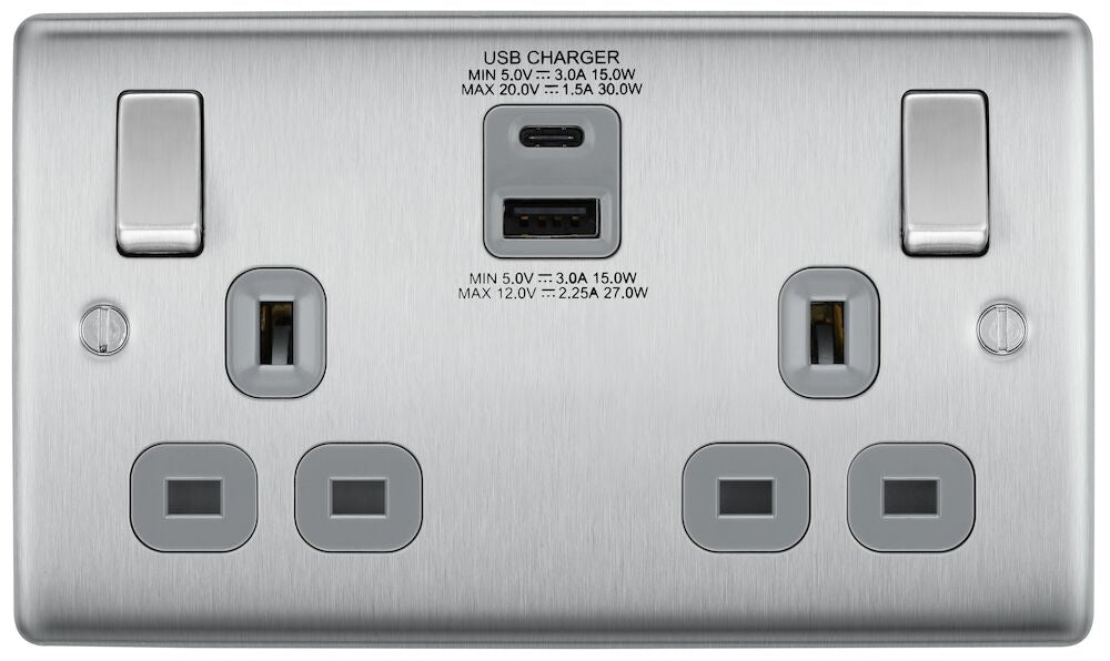 Nexus Metal Brushed Steel Double A+C USB Socket NBS22UAC45G - The Switch Depot