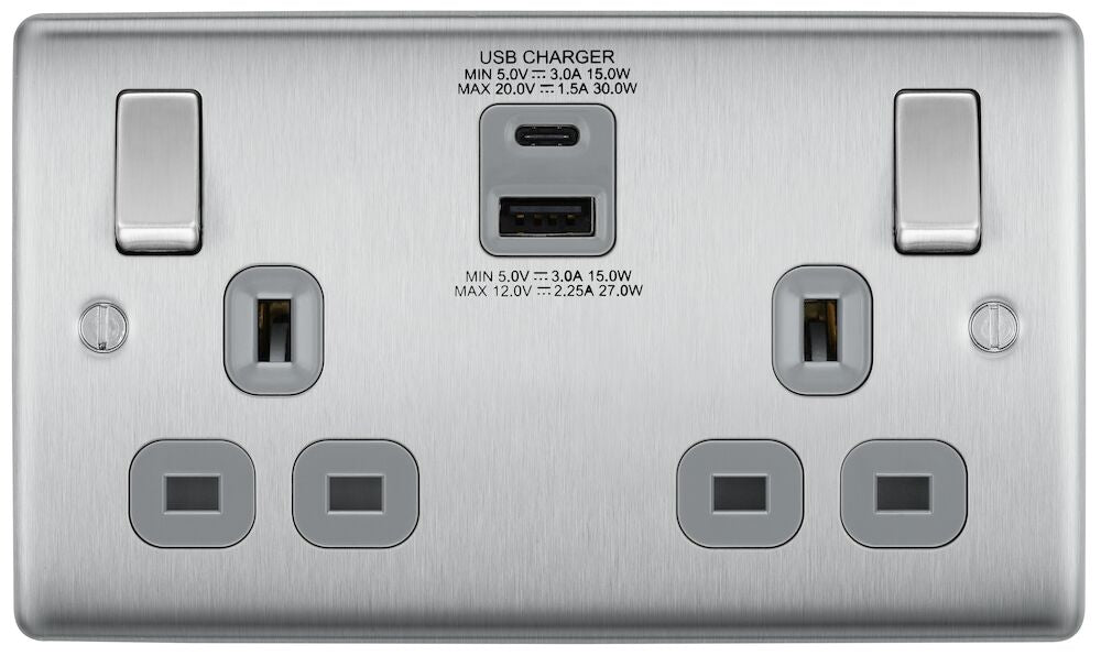 Nexus Metal Brushed Steel Double A+C USB Socket NBS22UAC45G - The Switch Depot