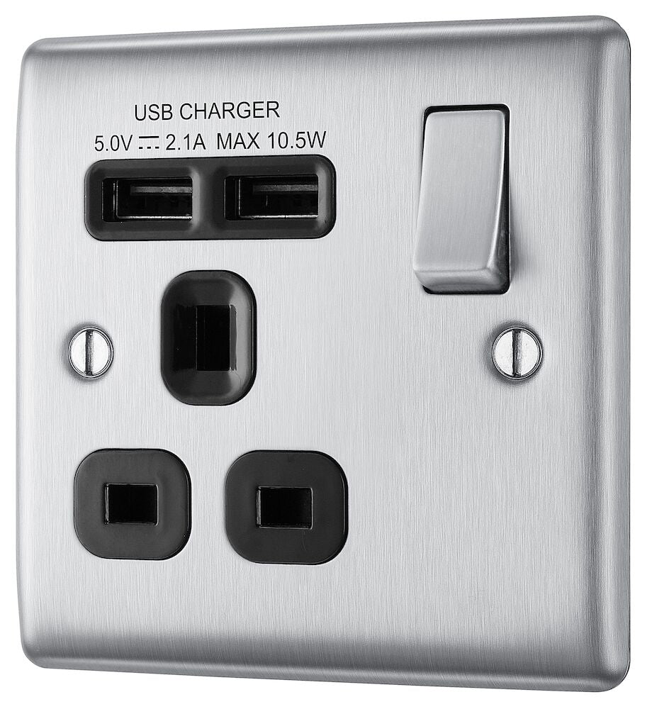 Nexus Metal Brushed Steel Single USB Socket NBS21U2B | The Switch Depot