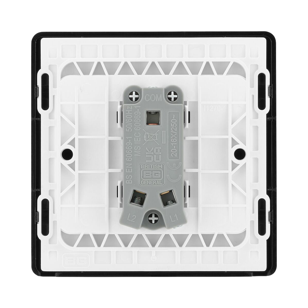BG Evolve Polycarbonate Black Chrome 1G Light Switch PCDBC12B Available From RS Electrical back side