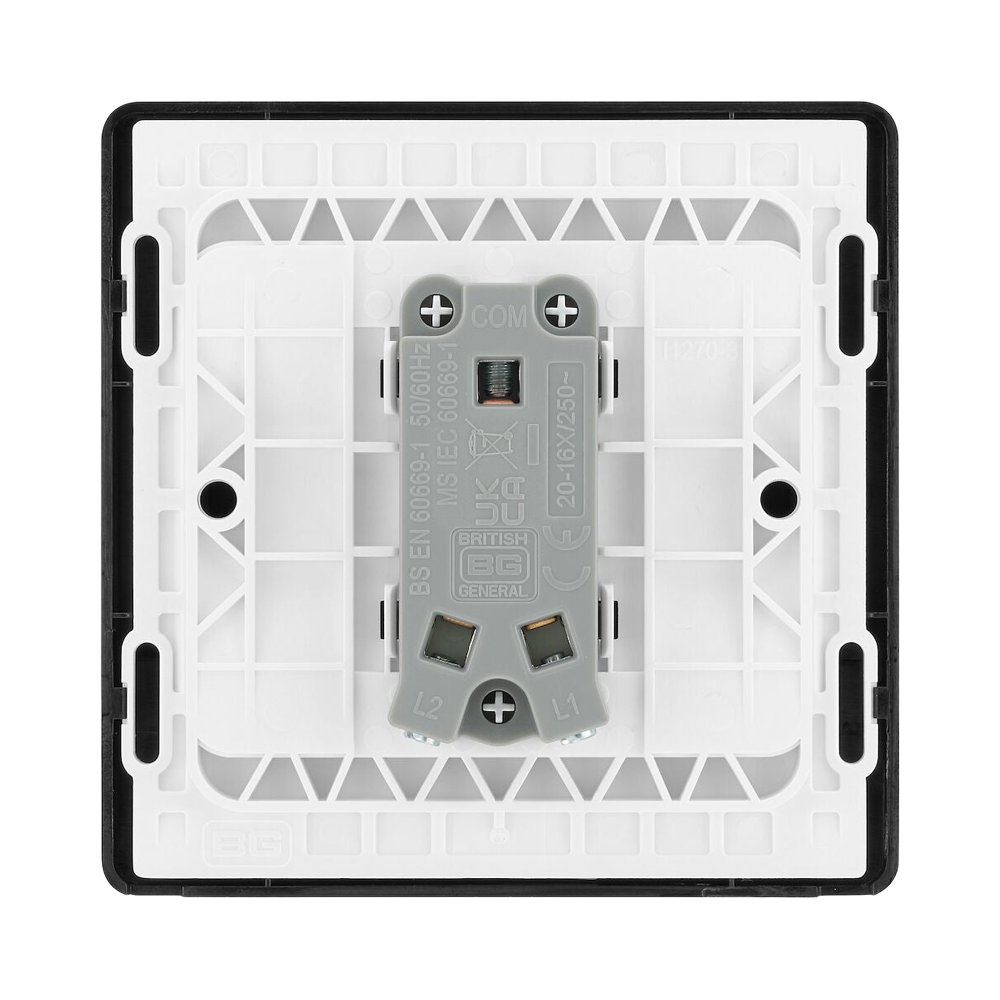 BG Evolve Polycarbonate Black Chrome 1G Wide Rocker Light Switch PCDBC12WB Available From RS Electrical back side