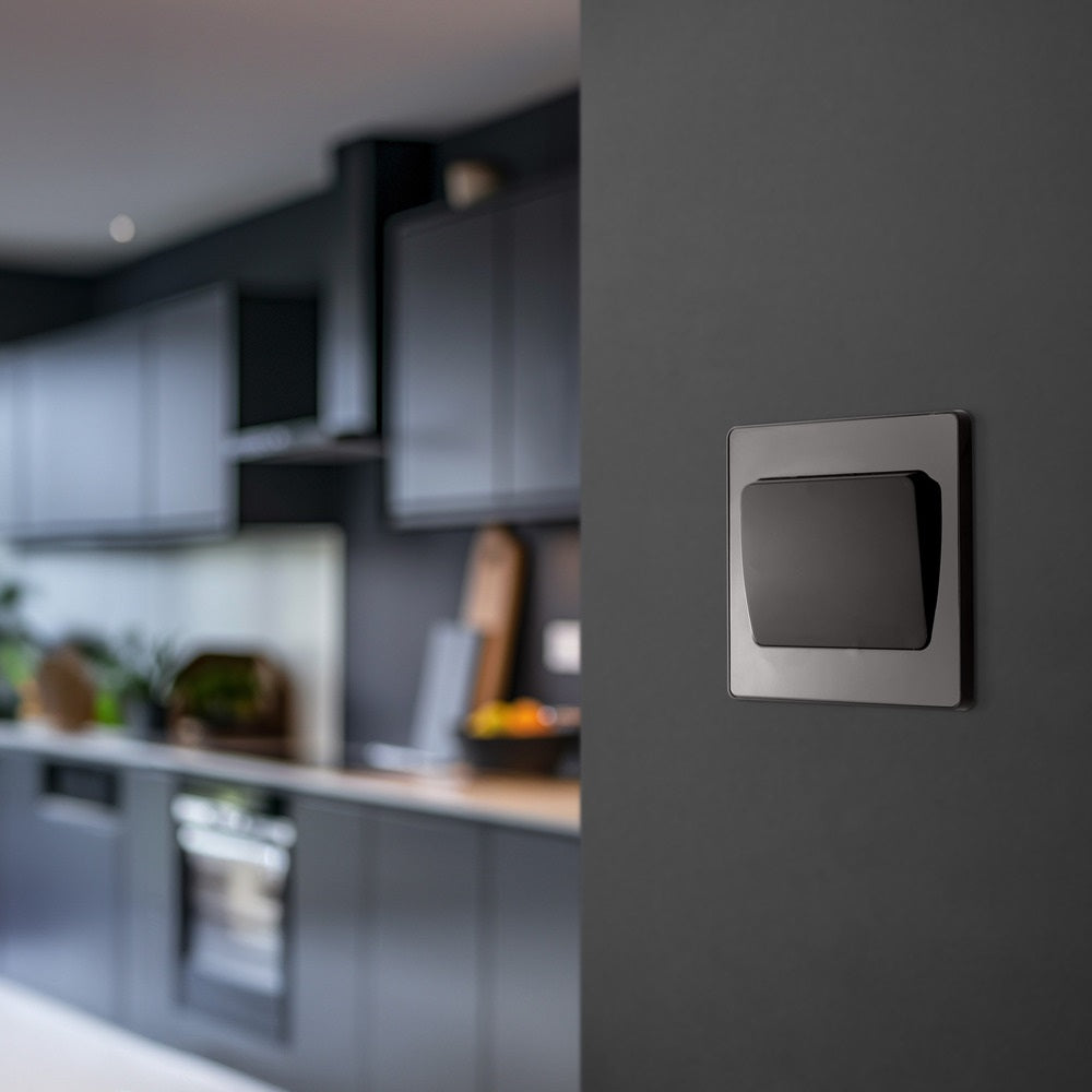 BG Evolve Polycarbonate Black Chrome 1G Wide Rocker Light Switch PCDBC12WB Available From RS Electrical kitchen interior
