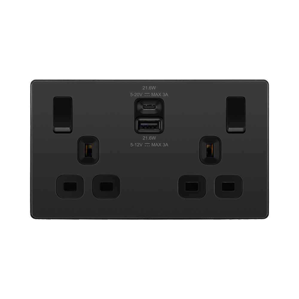 BG Evolve Black Chrome 13A Double USB Socket with 22W A+C Ports PCDBC22UAC22B