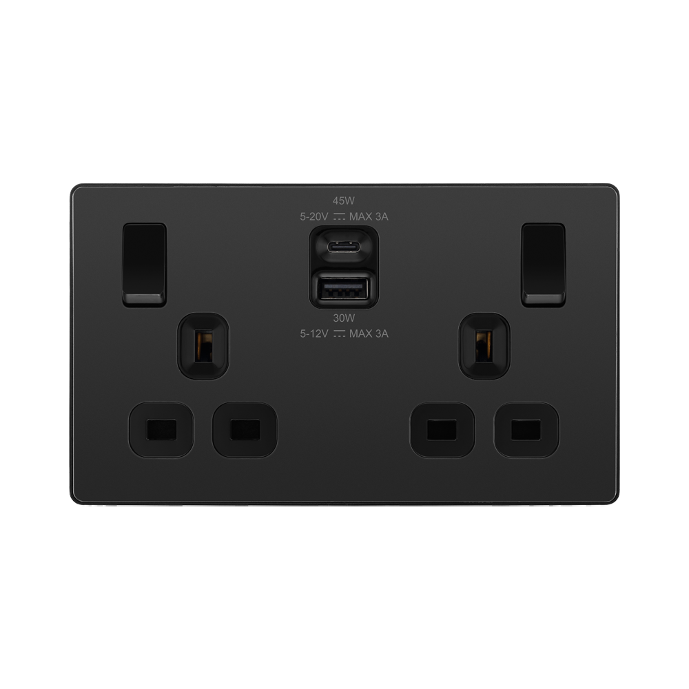 BG Evolve Black Chrome 13A Double USB Socket with 45W A+C Ports PCDBC22UAC45B