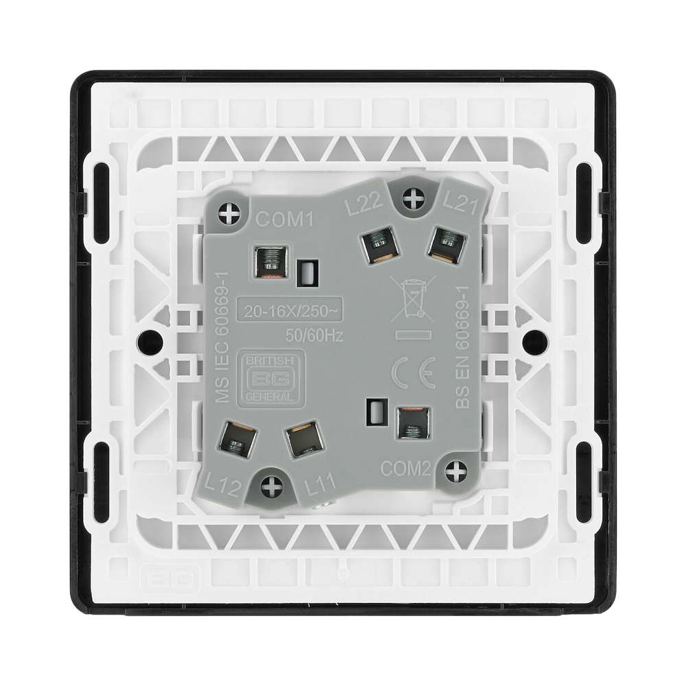 BG Evolve Polycarbonate Black Chrome 2G Wide Rocker Light Switch PCDBC42WB Available From RS Electrical back side