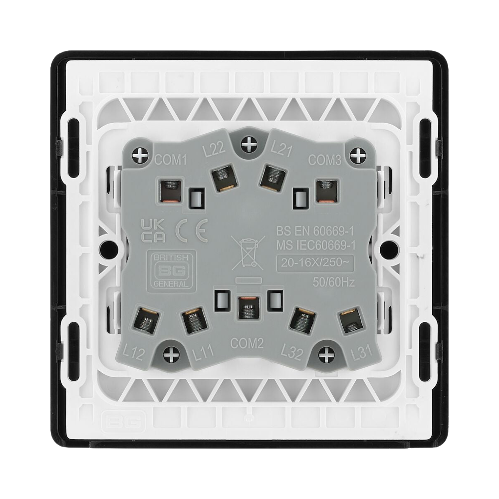 BG Evolve Polycarbonate Black Chrome 3G Light Switch PCDBC43B Available From RS Electrical back side