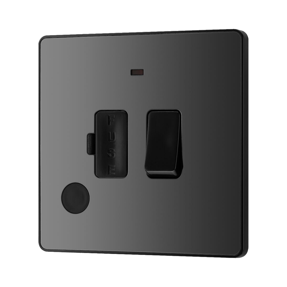 BG Evolve Polycarbonate Black Chrome 13A Switched Spur with Neon and Flex Outlet PCDBC52B Available From RS Electrical right side