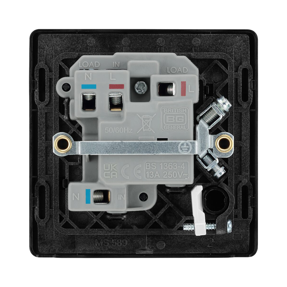 BG Evolve Polycarbonate Black Chrome 13A Switched Spur with Neon and Flex Outlet PCDBC52B Available From RS Electrical back side
