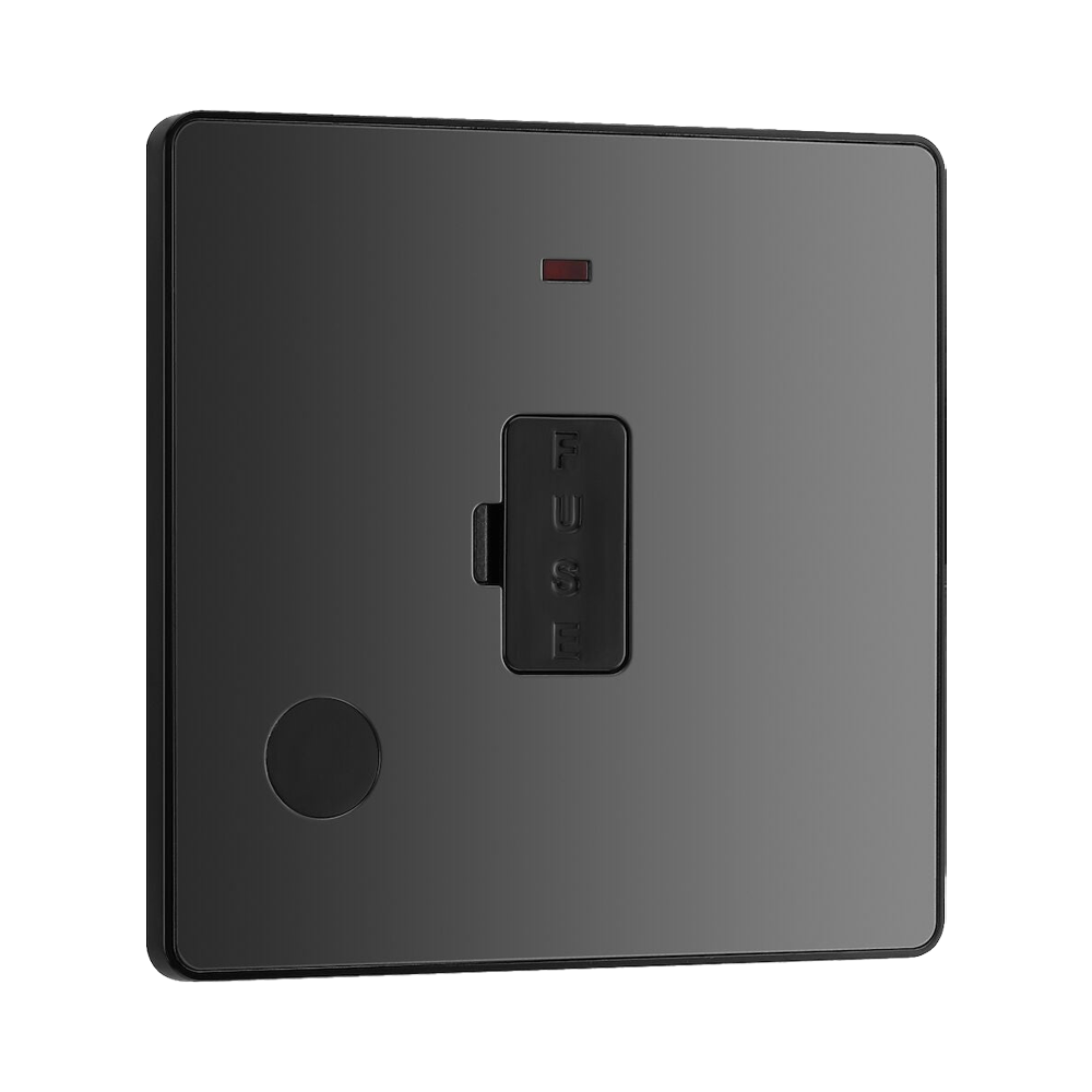 BG Evolve Polycarbonate Black Chrome 13A Unswitched Spur with Neon and Flex Outlet PCDBC54B Available From RS Electrical left side