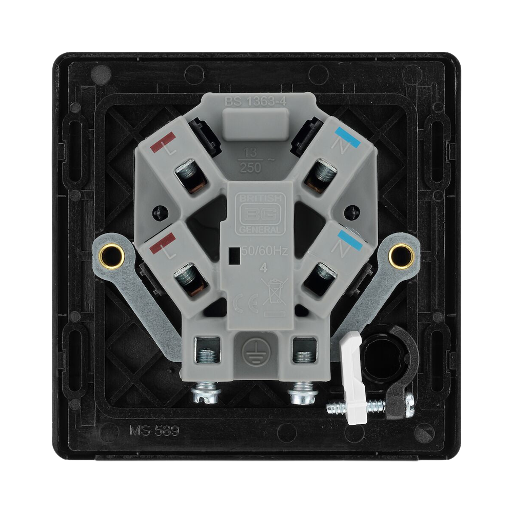 BG Evolve Polycarbonate Black Chrome 13A Unswitched Spur with Neon and Flex Outlet PCDBC54B Available From RS Electrical back side