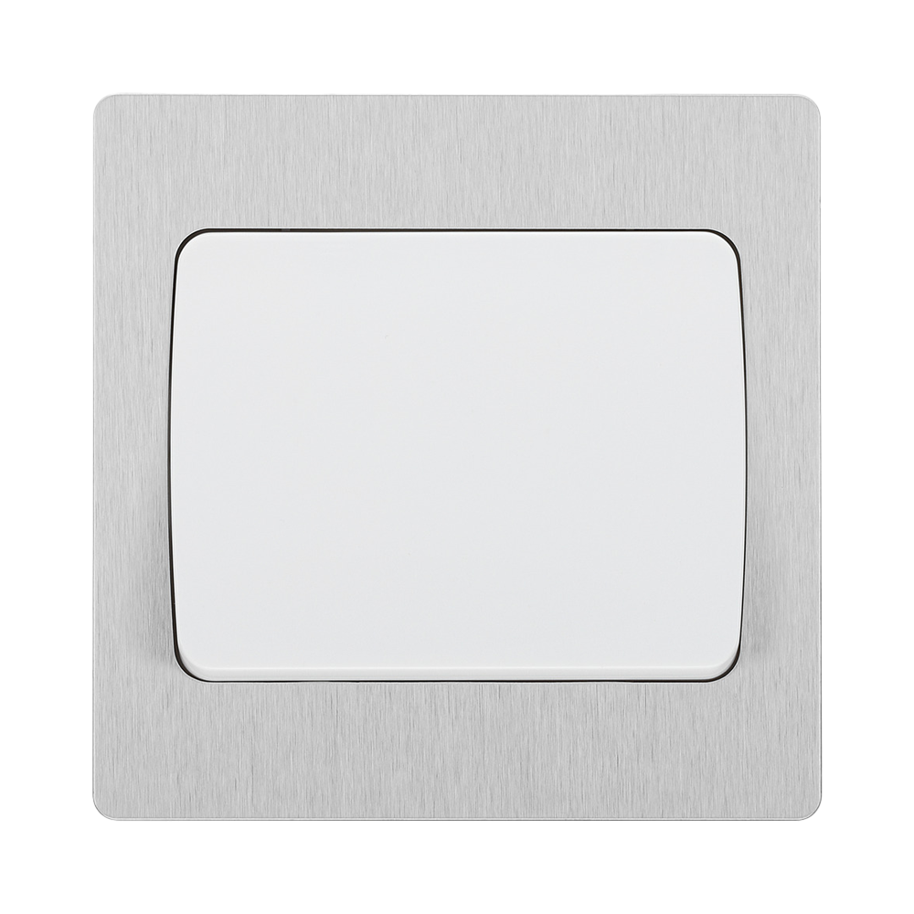 Angled view of BG Evolve Brushed Steel 1G 2W Wide Rocker Light Switch