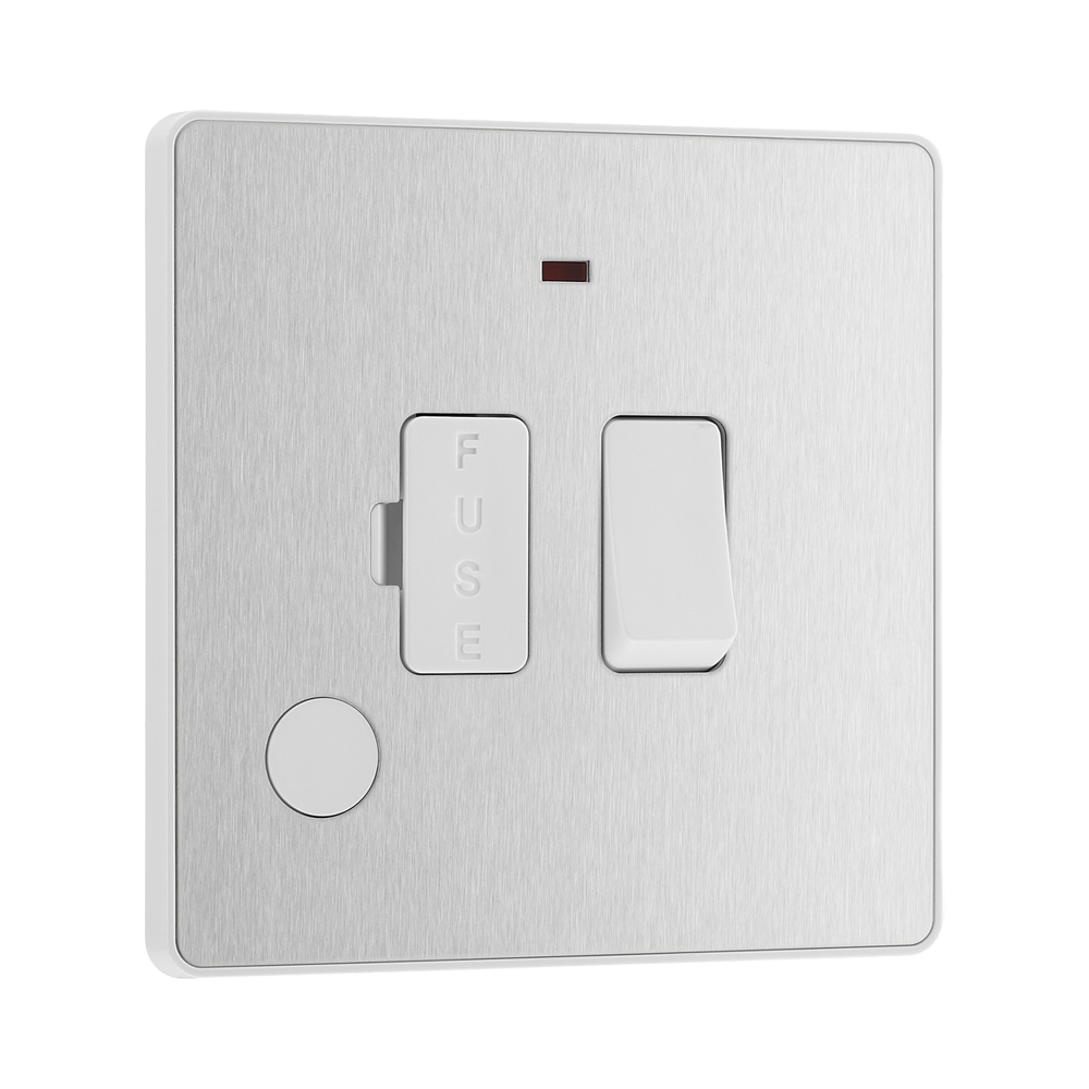Front view of BG Evolve Brushed Steel 13A Switched Spur with LED and Flex Outlet