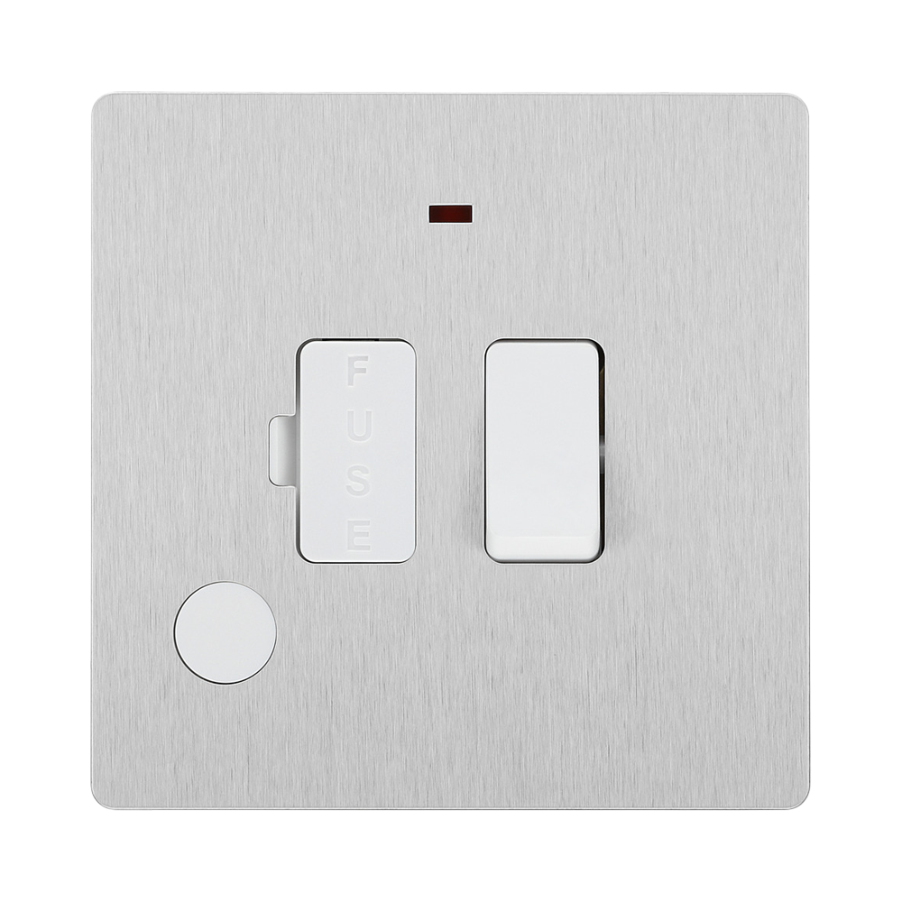 Angled view of BG Evolve Brushed Steel 13A Switched Spur with LED and Flex Outlet