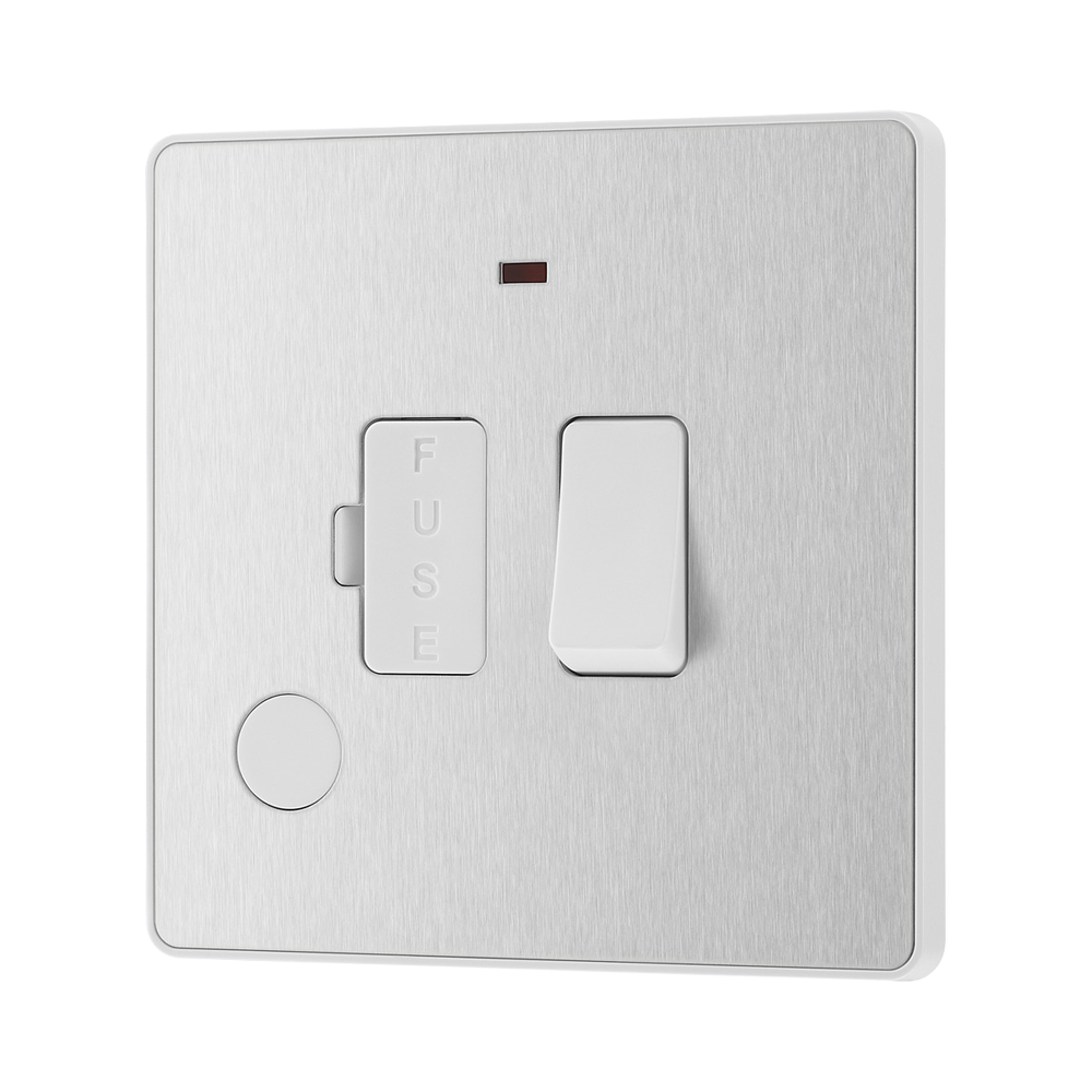 Side view of BG Evolve Brushed Steel 13A Switched Spur with LED and Flex Outlet