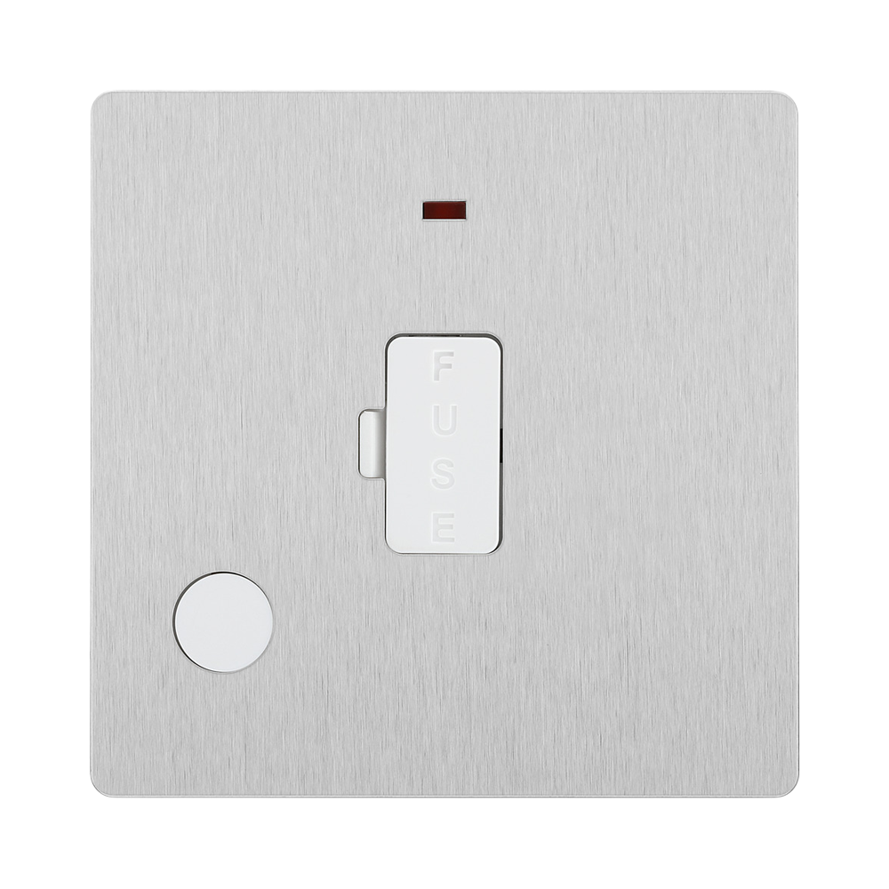 Angled view of BG Evolve Brushed Steel 13A Unswitched Spur with LED and Flex Outlet