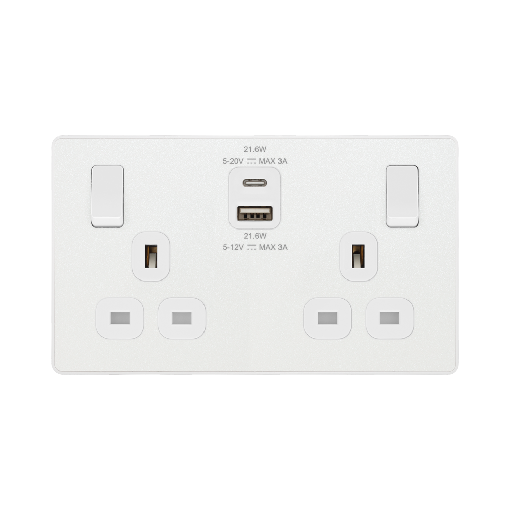 BG Evolve Pearl White 13A Double USB Socket with 22W A+C Ports PCDCL22UAC22W