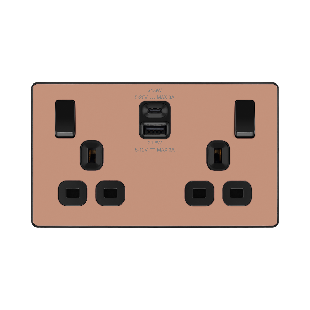 BG Evolve Polished Copper 13A Double USB Socket with 22W A+C Ports PCDCP22UAC22B