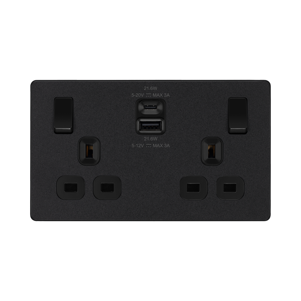 BG Evolve Matt Black 13A Double USB Socket with 22W A+C Ports PCDMB22UAC22B
