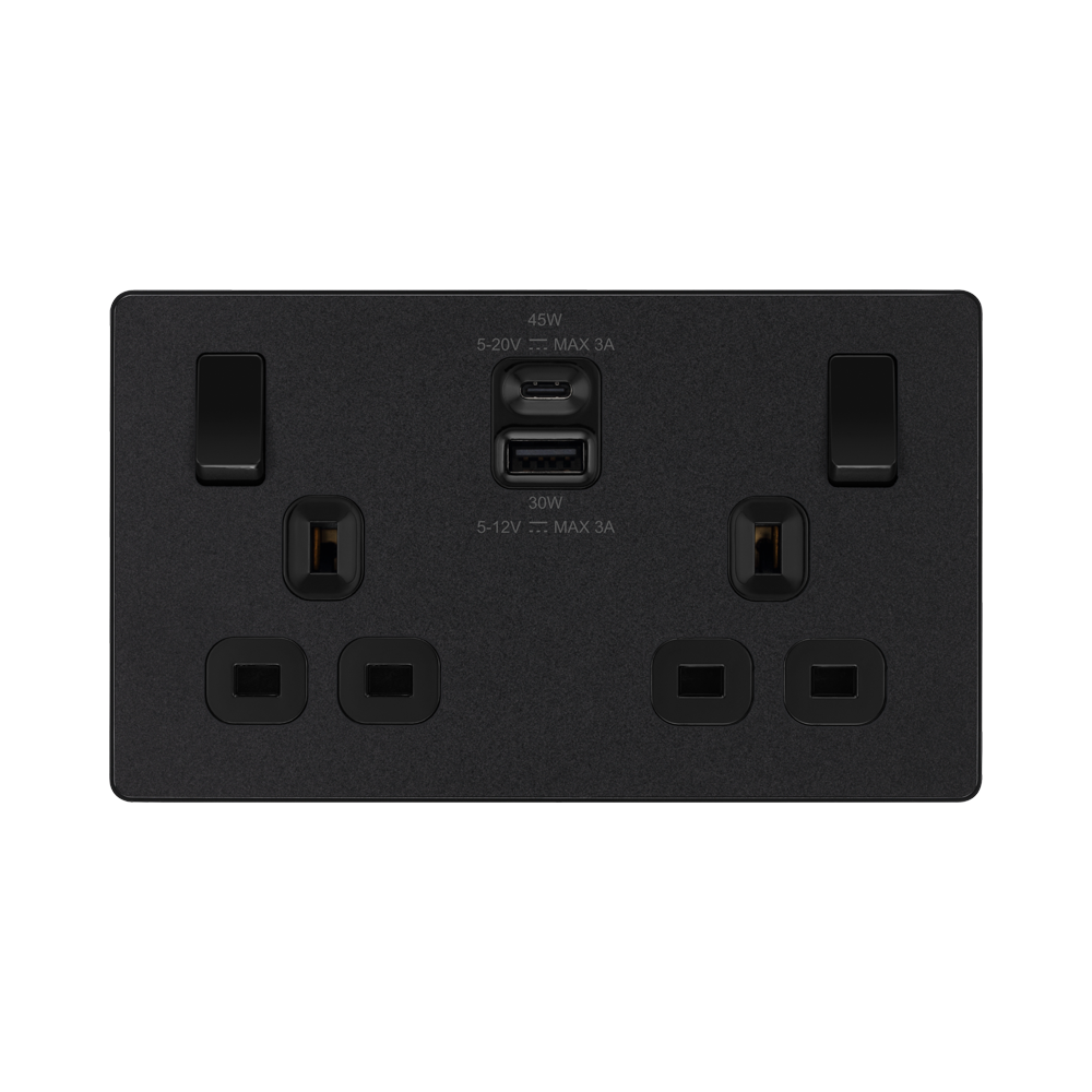 BG Evolve Matt Black 13A Double USB Socket with 45W A+C Ports PCDMB22UAC45B